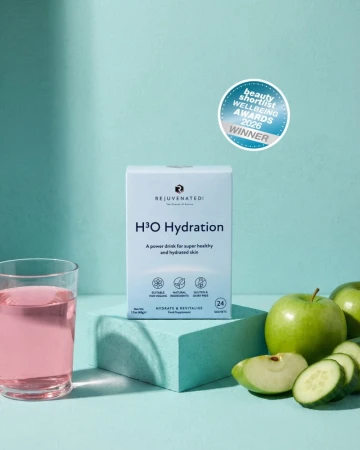 Rejuvenated H3O Hydration pack with pink drink, green apple, cucumber and award badge.
