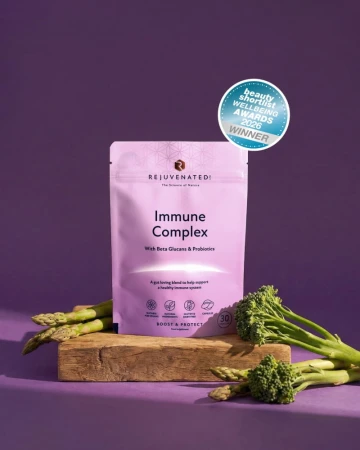 Rejuvenated Immune Complex lavender pack with vegetables and award badge.