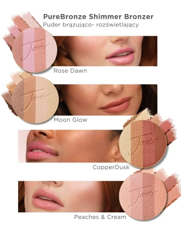 Jane Iredale PureBronze Shimmer shade guide shown on cheeks.