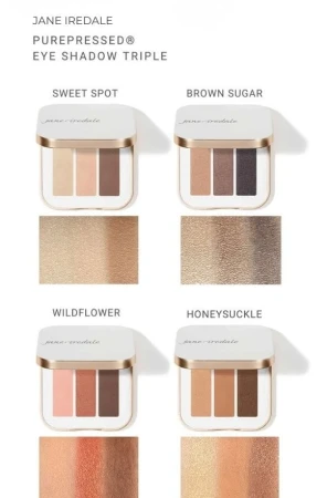 Four Jane Iredale eyeshadow trios with three shades each and swatches on fair skin.