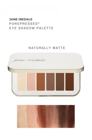 Jane Iredale Naturally Matte palette with neutral matte shades and matching swatches below.