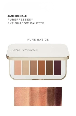 Jane Iredale Pure Basic palette with warm neutral shades and swatches showing colour transitions.