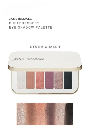 Jane Iredale Storm Chaser palette with cooler dramatic shades and shimmer-depth swatches.