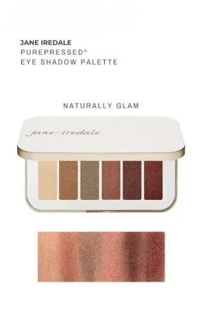 Jane Iredale Naturally Glam palette with warm luminous shades and metallic satin swatches.