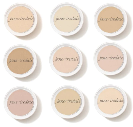 Nine Jane Iredale MINI PurePressed Foundation SPF20 pans arranged in a 3 by 3 grid with different shade depths.