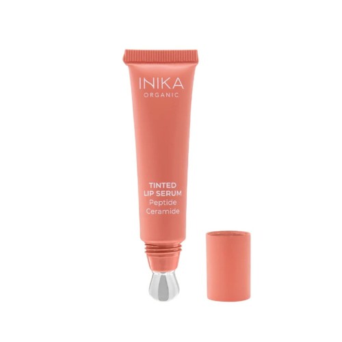 INIKA Organic Tinted Lip Serum Peptide + Ceramide tube with cooling metal applicator and cap.