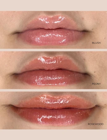Lip close-ups showing glossy INIKA Organic Tinted Lip Serum shades Blush, Peony and Rosewood.