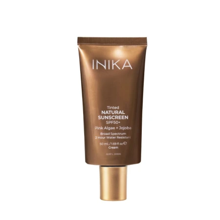 INIKA Tinted Natural Sunscreen SPF50+ brown-gold tube with gold cap