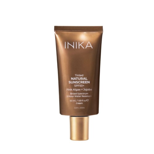 INIKA Tinted Natural Sunscreen SPF50+ brown-gold tube with gold cap