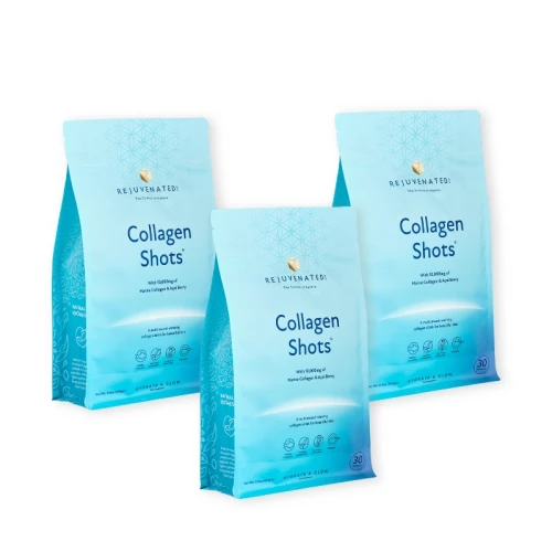 Three blue pouches of Rejuvenated Collagen Shots with 10,000 mg marine collagen and acai