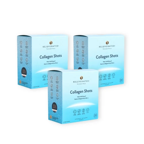 Three blue boxes of Rejuvenated Collagen Shots with marine collagen and acai, 24 sachets each