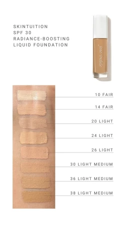 JANE IREDALE Skintuition SPF 30 liquid foundation shade 30 swatch or before-and-after product image.