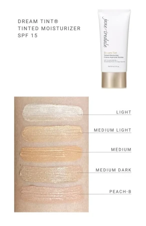Jane Iredale Dream Tint SPF 15 graphic with product tube and five shade swatches on skin.