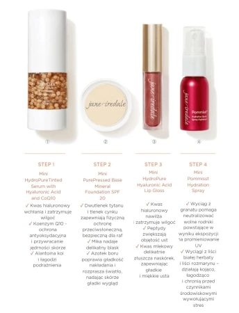 Four-step Jane Iredale After Glow routine with HydroPure Tinted Serum, PurePressed Foundation, lip gloss and Pommisst Spray.