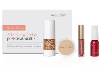Jane Iredale After Glow To Go post-treatment kit with mini skincare and mineral makeup products.