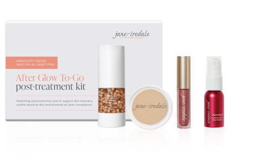 Jane Iredale After Glow To Go post-treatment kit with mini skincare and mineral makeup products.