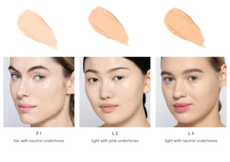 Shade comparison for Jane Iredale Skintuition Concealer in F1, L2 and L3 with model results.