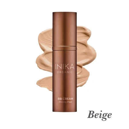 INIKA Organic BB Cream in Beige, shown with a medium beige swatch and lightweight creamy formula.