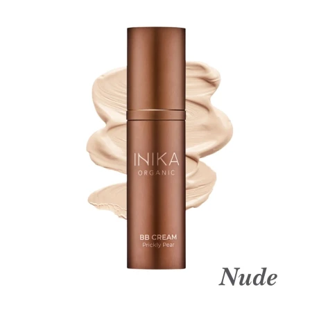 INIKA Organic BB Cream in Nude, shown with a natural skin-tone swatch and a smooth creamy consistency.