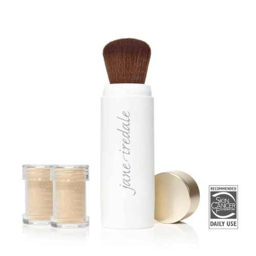 Jane Iredale Powder-Me SPF 30 Dry Sunscreen refillable brush with two transparent powder refill canisters.