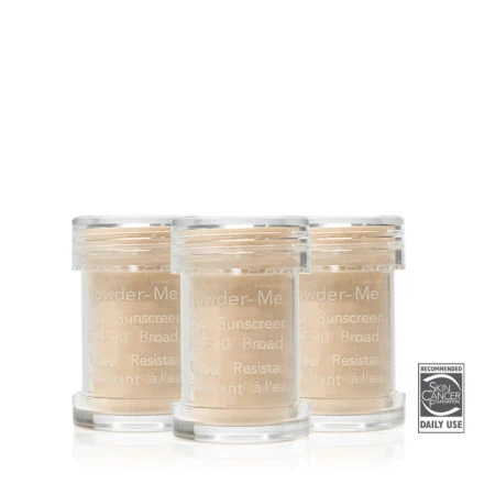 Jane Iredale Powder-Me SPF 30 Dry Sunscreen Refill set with three replacement powder canisters.