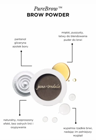 Jane Iredale PureBrow Brow Powder product graphic showing the brow powder, its properties and key ingredients.