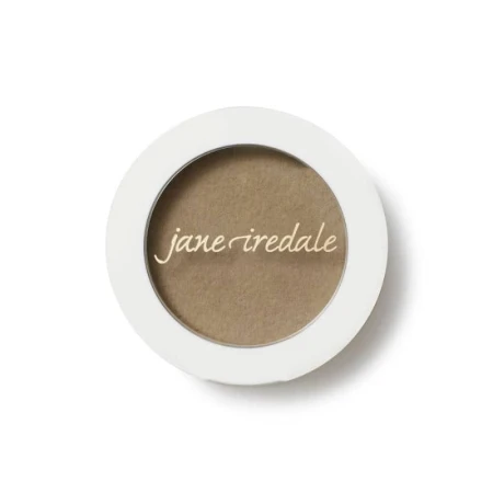 Round Jane Iredale PureBrow Brow Powder compact in a minimalist container with a white rim and clear lid showing the powder shade and jane iredale logo.