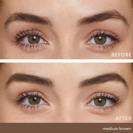 Before-and-after comparison after applying creamy brow powder. Before, brows are delicate and less defined; after, they look fuller, evenly filled and still natural.