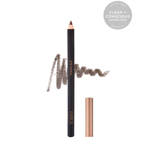 Elegant INIKA ORGANIC Eye Pencil in a grey-brown COCOA shade, with a black barrel, gold INIKA lettering and a gold cap beside it.